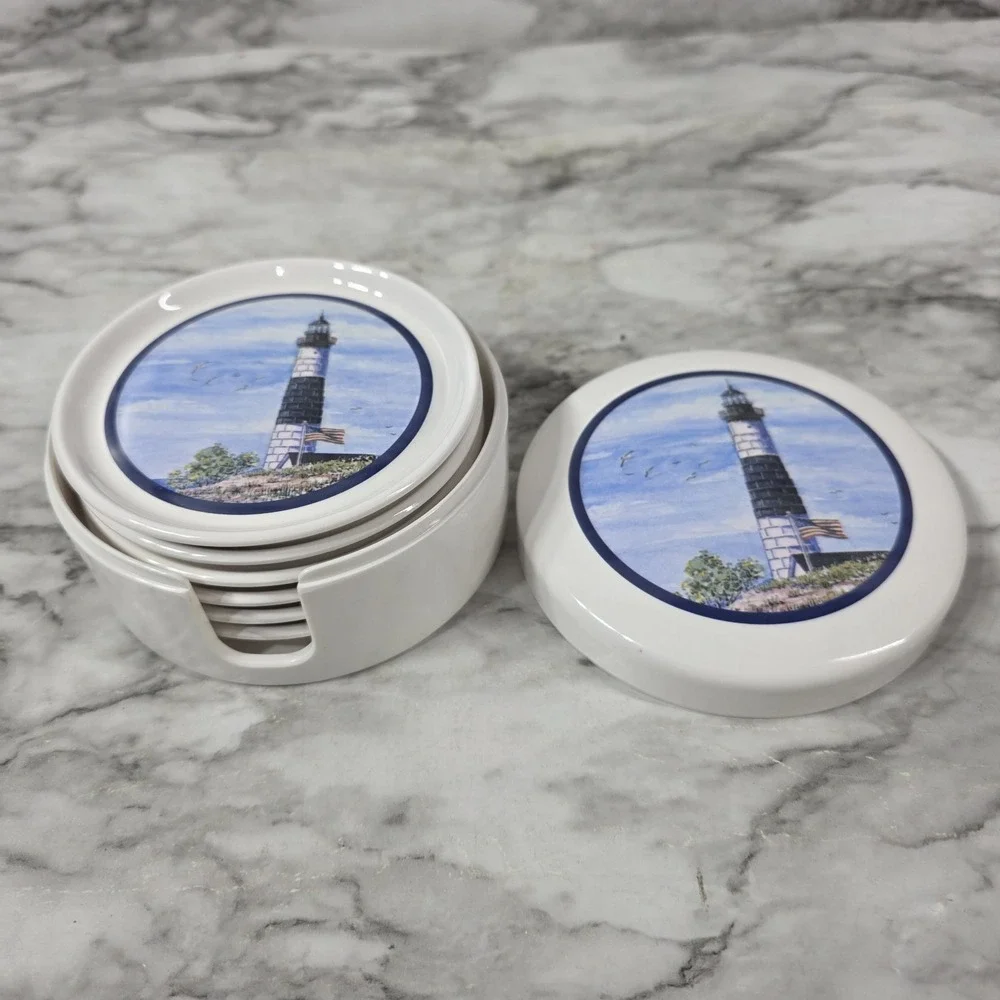 Vintage Lighthouse Coaster Set Of  6 With Holder White Plastic In EUC